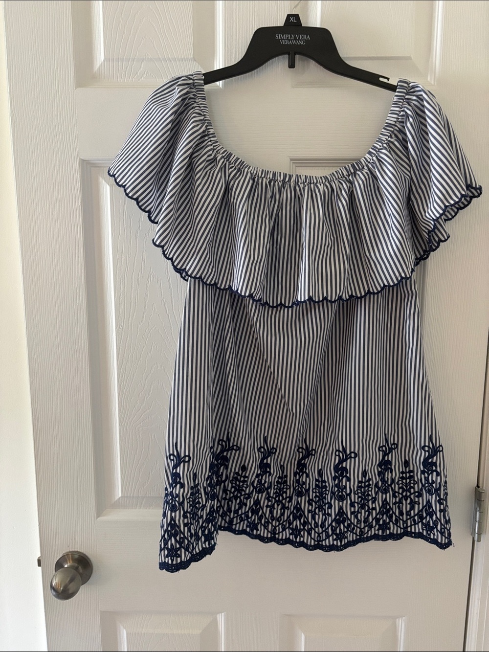 A Pea in the Pod Blue and White Striped Off-Shoulder Tunic